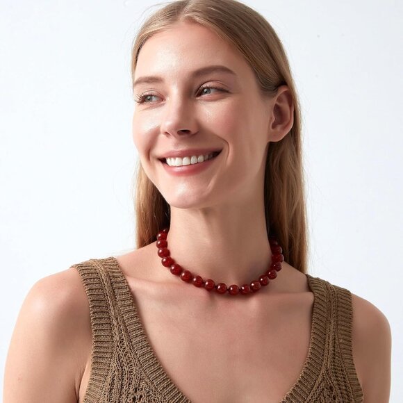 Womens Beaded Red Carnelian Necklace 16/18in Bold Elegant Choker Jewelry - Picture 3 of 6